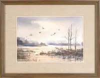 Barbara H. Herrick, The Flight North, Large watercolor scene shows a small flock of geese flying over a marsh water area in the early morning