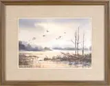 Barbara H. Herrick, The Flight North, Large watercolor scene shows a small flock of geese flying over a marsh water area in the early morning