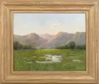 Harry Emerson Lewis, Mountain Landscape, Oil on canvas panoramic scene shows field with water and trees against a mountain backdrop under a light blue sky