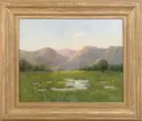 Harry Emerson Lewis, Mountain Landscape, Oil on canvas panoramic scene shows field with water and trees against a mountain backdrop under a light blue sky