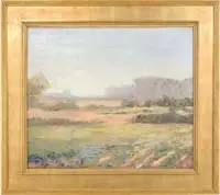 Unsigned, Impressionistic Landscape, Oil on canvas scene shows several meadows with trees and bushes lining each. A flower garden is seen in foreground