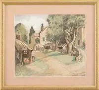 J. Andre Smith, French Village Scene, Watercolor scene shows a dirt road winding through a small village with buildings, barns and people