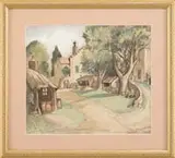 J. Andre Smith, French Village Scene, Watercolor scene shows a dirt road winding through a small village with buildings, barns and people