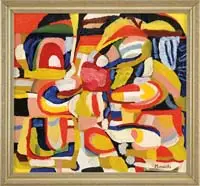 Alexander Minewski, Yellow Beach, Oil on canvas modernist abstract scene in colors of yellow, red, blue, white and black
