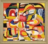 Alexander Minewski, Yellow Beach, Oil on canvas modernist abstract scene in colors of yellow, red, blue, white and black