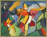 Grace Martin Taylor, Colorful Abstract, Oil on canvas scene shows a figure in colors of green, red, gold and blue. Scene may depict a golfer