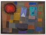 Remo Michael Faruggio, Red Sun, Gouache on paper abstract scene in colors of red, gold, purple, green and blue