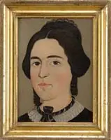 Unsigned, Portrait of a Woman, Oil on canvas head portrait of a young woman with black hair wearing a lace collar edged dress