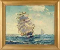 Signed, Tall Ships, Oil on board scene shows two tall ships coming towards viewer on a colorful wavy sea under blue and white cloud sky