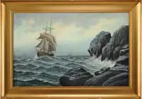 Armid Sandberg, Rounding the Point, Large oil on canvas scene shows a two-mast ship rounding a rock ledge point with other ships on horizon