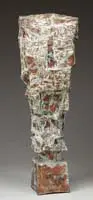 Satoru, Free Form Sculpture, Copper free form tapered tall sculpture in Cubist form having fence like patches attached to the jutting cubes