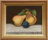 Fruit on a White Table by John Joseph Enneking, Pastel still life shows pear, peach and a plum with green leaves resting on a white marble type slab, sold May 2005