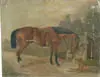 McAvoy, Horse Portrait, Oil on tin sheet shows large brown horse tethered to open gate with two dogs beside. Landscape background