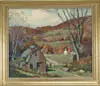 Otis Cook, Vermont-W, ARLINGTON”. Fine oil on canvas fall landscape with hills, fields and village in a typical Vermont setting