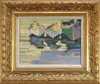 Three Boats by Walter Farndon, Oil on board scene shows three boats side by side in a tranquil water which reflects sunlit and shadows, sold May 2005