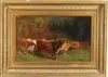 James McDougal Hart, King of the Herd, Oil on canvas scene shows brown bull corralling eight other brown and white cows