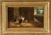 Charles Jacques, Chickens in the Hay, Oil on canvas scene shows six chickens and roosters standing in piles on hay in an interior setting with window