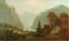 Sylvester Phelps Hodgdon, Mountain Landscape, Large oil on canvas scene shows lake at the bottom of three mountains with forest and glade in foreground