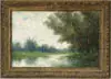 Milne Ramsey, River Landscape, Oil on canvas impressionistic scene shows two figures next to small river bordered by trees and grassy banks