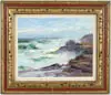 Paul Strisik, Rockport Waves, Oil on board scene shows large waves crashing onto rocky shore under a blue and pink sky