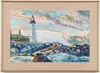 William Lester Stevens, Portland Lighthouse, Watercolor Maine scene shows large white tapered lighthouse with connected building. Rocky shoreline with oncoming wave