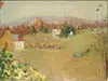 Walter Parson Shaw Griffin, French Landscape, Oil on board scene shows a church and farmhouse amongst fields and woods with low hills beyond
