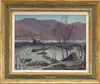 Alexander Oscar Levy, November Twilight, Oil on wood panel scene shows a small house on land in between lake and stream. Mountains are seen in the distance