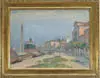 George Herbert Macrum, Jewish Quarter, Venice, Oil on board scene shows boats including steamship moored along buildings with trees and park like setting