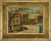 Marguerite Downing Savage, Street Scene, Oil on canvas city street scene, possibly Boston, shows figure walking along street with automobile and houses