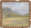 Theodore Earl Butler, Sketch of the Meadow Looking to Great Neck, Oil on board scene shows overlapping hills at end of green meadow with stone wall and trees