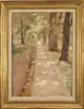 Robert Bolling Brandegee, The Fence Lined Path, Oil on board summer scene shows large trees on one side of a straight dirt path with a fence on the left