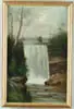 Thomas Hirams Hotchkiss, The Waterfall, Oil on canvas landscape scene shows large waterfall in landscape. Birch trees line falls with large rocks at base
