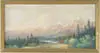 Richard D. Enright, Mountain Landscape, Oil on canvas scene shows snow covered peaked mountains, valley floor with water and evergreen trees