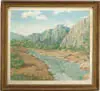 H. Scheideker, Southwest Landscape, Oil on board scene shows a small river runs below tall cliff canyon under a blue sky with white clouds