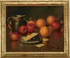 Charles A. Mahoney, Cheese and Crackers, Oil on masonite tabletop grouping of red apples, oranges, plate of cheese and crackers with knife, pitcher and bowl