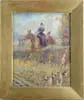 Arthur Henry Knighton-Hammond, The Fox Hunt, Watercolor scene shows lady on horse jumping a stone wall following fox hounds with other riders on horses behind