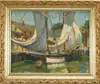 Arthur Beaumont, Yacht at Dockside, Oil on canvas scene shows two-mast yacht alongside dock with buildings and figures