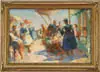 Emerson, Brittany Beach, Oil on canvas beach scene shows several people under umbrellas and next to a flower vendor with shop