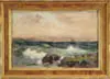 William St. Thomas Smith, Seascape with Boats, Watercolor scene shows three sailboats in rough sea with crashing waves on rocks and seagulls