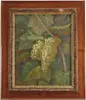 E. F. P., Green Grapes on Vine, Oil on canvas shows large green grape cluster on thick vine surrounded by grape leaves