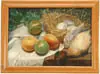 E J Parker, Still Life with Apples, Holly, Eggs and Bird, Oil on board scene shows dead game bird next to basket with eggs and four apples with sprig of holly and berry