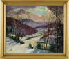 Raymond A Ewing, Golden River, Huntington, Mass, Oil on canvas scene shows winding river through hills in winter landscape