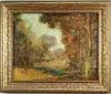 Fall Landscape by Miles Jefferson Early, Oil on canvas scene shows small stream surrounded by large colorful trees, sold May 2005