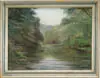 Robert Hamblen, Summer Stream, Oil on masonite scene shows tranquil stream winding through tree lined banks with small rocks