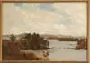 Unsigned, Lake View with Sailboat, Oil on board scene shows a large lake with small sailboat surrounded by tall trees in a fall like setting