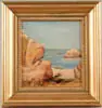 Albert Babb Insley, Acadia Inlet, Oil on canvas mounted on masonite coastal scene shows rocky shoreline with beach overlooking ocean