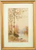 William Frederick Paskell, New England Fall Landscape, Watercolor scene shows two large birch trees next to winding river with mountain in background. Fall colors