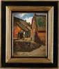 Farmyard with Cart by Addison Thomas Millar, Oil on canvas scene shows two wheeled cart on end nestled between two farm buildings. A European scene with nice color, sold Jan 2005