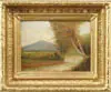 D.A. Fisher, Blue Hills, Milton, Mass, Oil on board landscape scene shows a mountain with village below, stream with birch trees in foreground