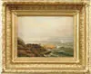 D.A. Fisher, Off Marblehead Mass, Oil on board scene shows rocky coastline looking out over ocean with five sailboats and lighthouse/buoy